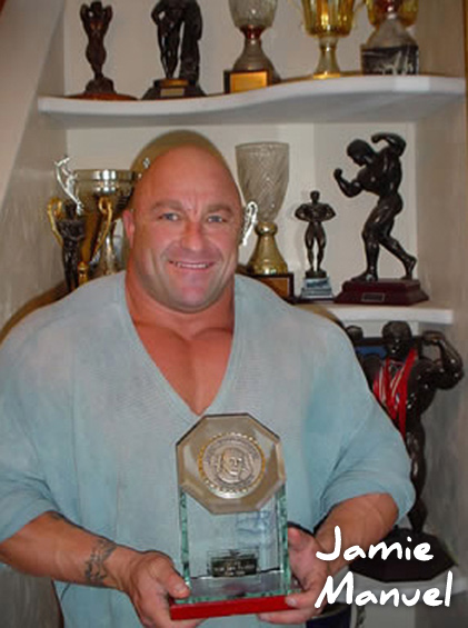 Image of Jamie Manuel with his large bodybuilding trophe collection